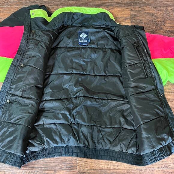 VTG Columbia Colorblock Puffer Jacket Mens Large Neon Pink Black Retro Throwback - Picture 5 of 12